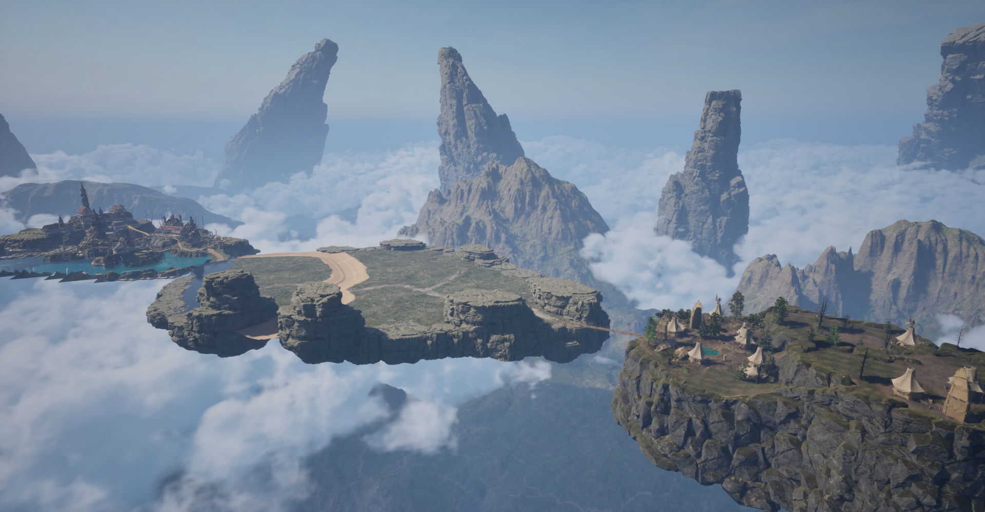 Panoramic view of multiple floating islands surrounded by clouds and mountains